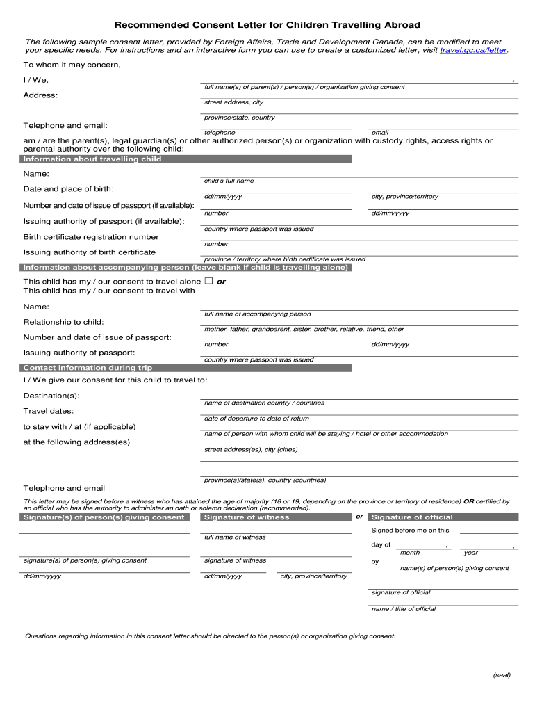Recommended Consent Letter for Children Travelling Abroad  Form